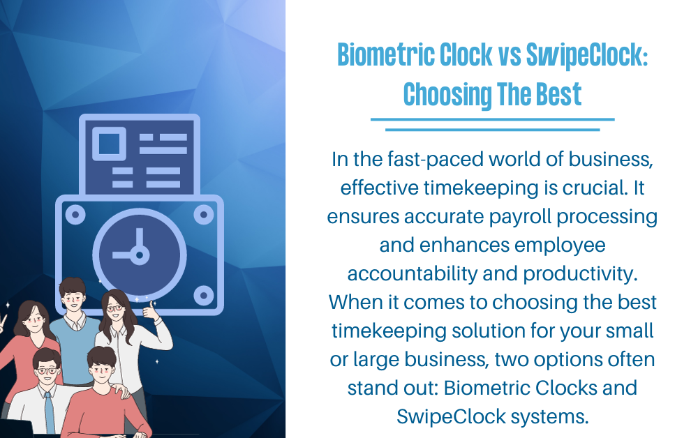 An infographic depicting a comparison between Biometric Clocks and SwipeClock Systems for timekeeping in businesses. It includes sections on security features, accuracy, user-friendliness, scalability, accessibility, and integration capabilities. Various icons and charts illustrate these points, providing a visual overview of the topic.
